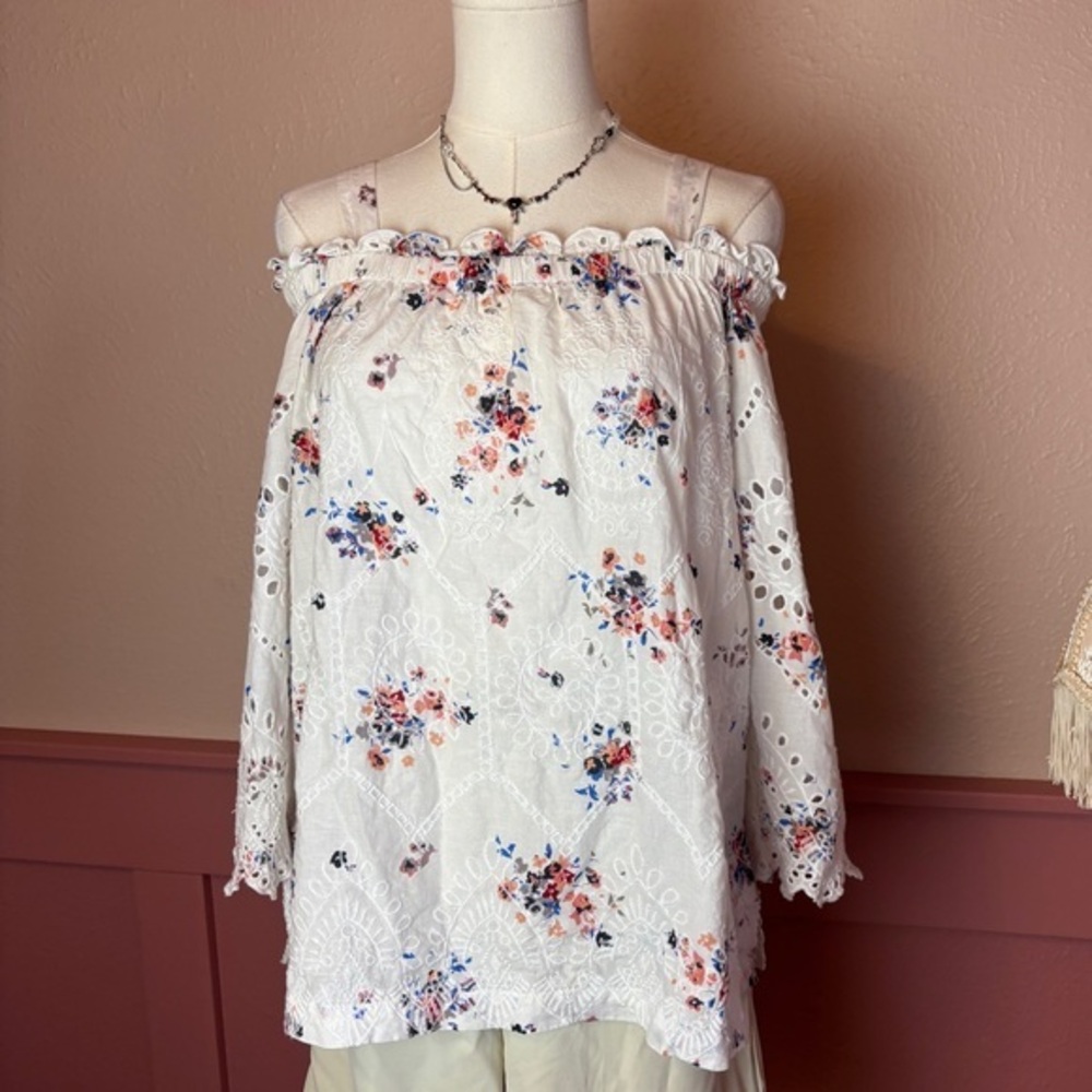 LOFT floral cottage indie off shoulder blouse sz small white boho lace
